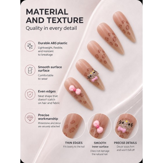 Nude Leopard Print Press‑On Nails with 3D Hello Kitty & Bows, Long Almond Cute Sweet False Nails